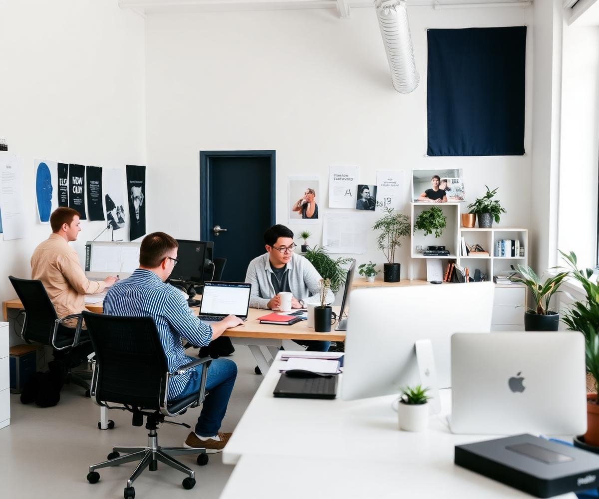 Designers and developers collaborating in the studio